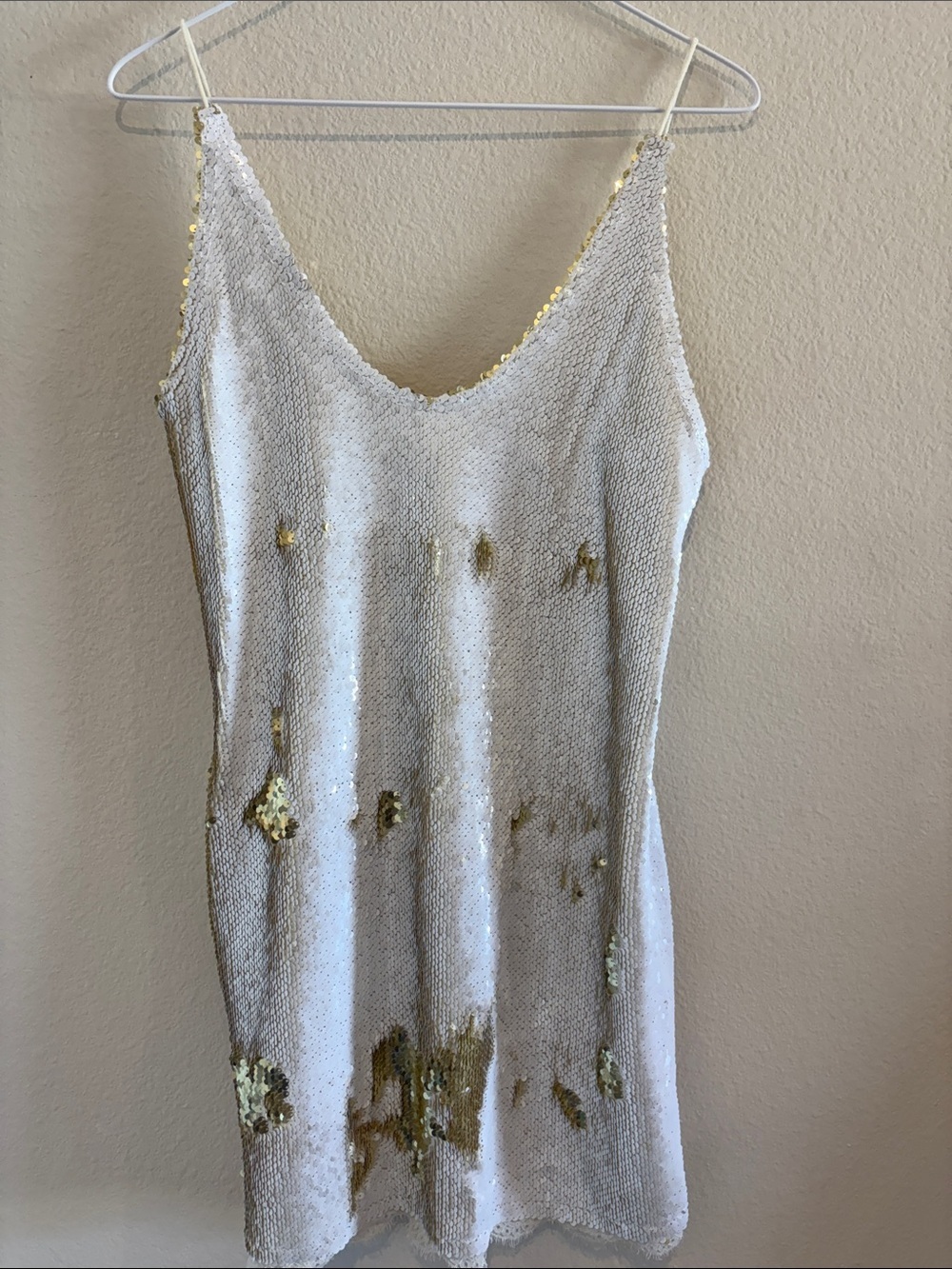 Free People Mini Dress with White and Gold Sequins. subtle white  lace hem